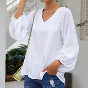 White Puff-Sleeve V-Neck Top, Sz. Medium - New